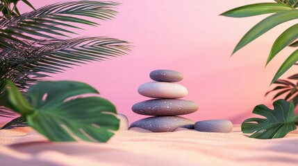 Obraz premium Tranquil harmony stacked stones on sand with gentle green accents