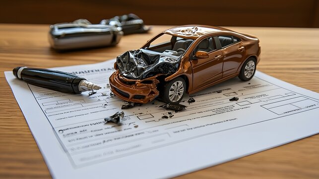 A toy car with severe front end damage placed on insurance paperwork symbolizing the steps in filing an auto accident claim and the process of seeking coverage and financial protection