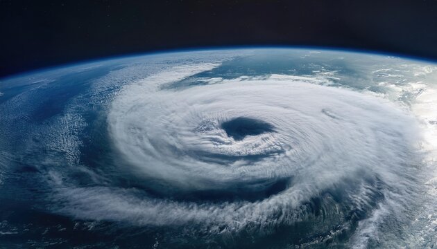 View of earth from space showing a massive swirling hurricane over the ocean, atmospheric phenomenon. Climate and environment concept