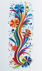 Colorful paper flowers, swirls, dots on white background. Craft, art, design