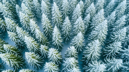 Aerial view of snow-covered evergreen forest.  Perfect for winter, nature, and holiday themes.