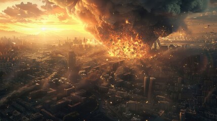 Naklejka premium A dramatic sunset over a cityscape as an explosion engulfs buildings, creating chaos