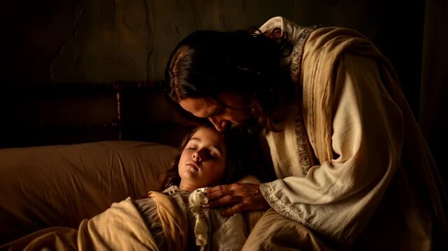 Jesus Christ at the bedside of a sick girl, praying, healing her. The Gospel story of the resurrection of Jairus' daughter. For Christian publications