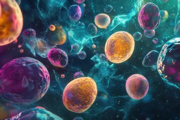 Naklejka premium Dynamic cellular transformations of stem cells in a microscopic environment exploring differentiation and functionality for scientific research and innovation