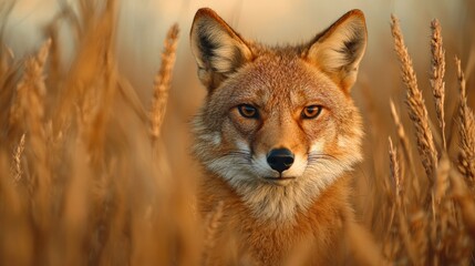 Fototapeta premium Coyote in tall grass at sunset, wildlife scene