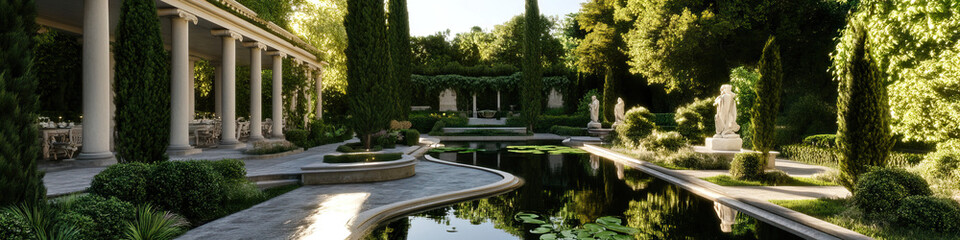 Obraz premium Formal Garden with Reflecting Pool and Classical Statuary