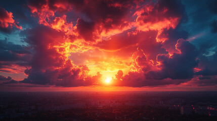 Fiery Sunset Sky over Cityscape Dramatic Cloudscape Orange Red Hues Evening City view urban scene   