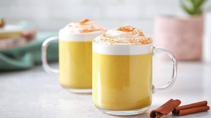 Wellness dining healthy detox concept. Wellness-inspired golden turmeric latte with frothed almond milk and cinnamon