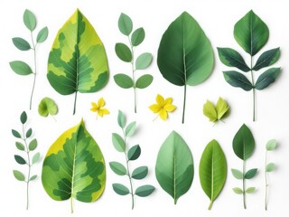 Obraz premium Assorted Green Leaves and Flowers on White Background