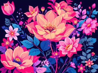 Vibrant Floral Illustration with Pink and Blue Hues"