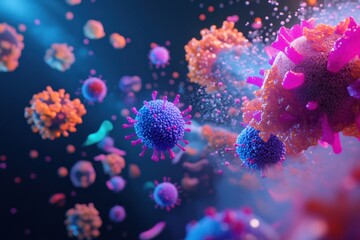 Dynamic cellular immune response visualization microscopic world scientific illustration dark environment close-up viewpoint conceptual understanding