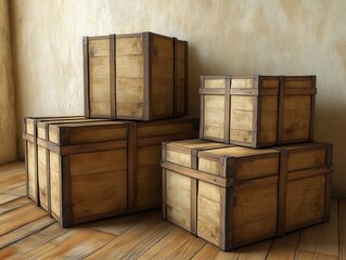 Wooden crates stacked in a rustic room.