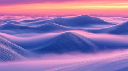 Dreamlike sunrise over snow-covered mountains with clouds.