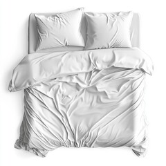 Wrinkled white bedding on soft mattress.