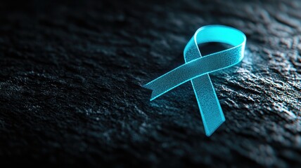 Teal ribbon symbolizing ovarian cancer awareness on dark background