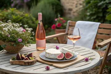 Organic Wine & Cheese, A serene outdoor setting featuring a bottle of rose, a glass, cheese, figs, and flowers arranged on a wooden table.