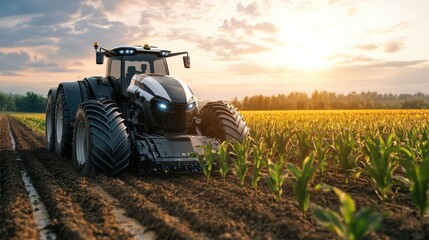 An autonomous farming tractor plowing fields with AI precision, surrounded by golden crops and a clear blue sky