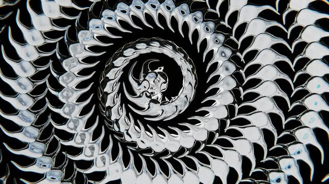 Abstract horizontal 3D swirl tribal vertebrate spine snake spiky DNA liquid silver chrome metallic cyber punk cool stylish trendy jewelry luxury fashionable background shape figure form loop animation