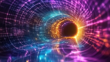 Obraz premium Abstract Futuristic Tunnel of Flowing Neon Lines, Orange, Purple and Blue, Digital Art