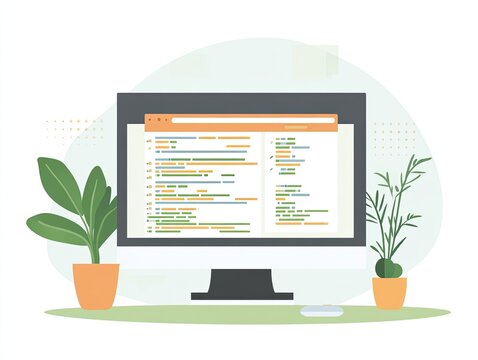 Minimalist Programmer Workspace Illustration with Computer and Plants
