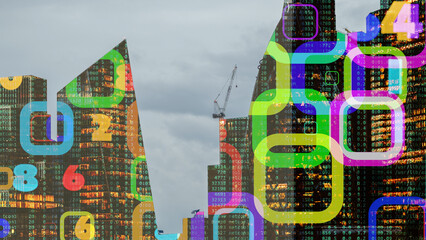 london skyline with computer code and data