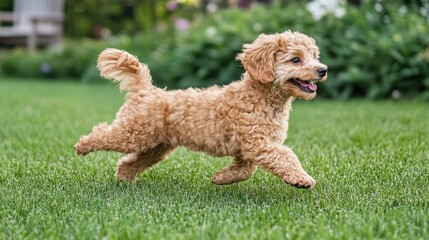 Joyful Cavapoo Puppy Running in Lush Green Grass