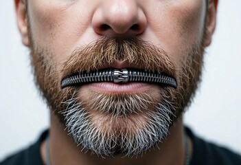 Obraz premium Close-up of a Caucasian man's mouth with a zipper, symbolizing censorship and restricted speech.