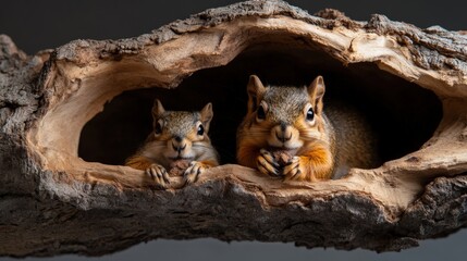 This heartwarming image features two squirrels sharing a snack while nestled in a hollow log, conveniently illustrating their playful interaction and adorable friendship in nature.