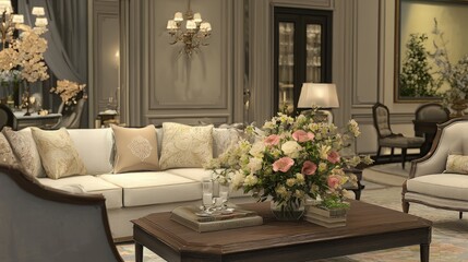 Fototapeta premium Elegant living room interior design, flowers centerpiece, classical furniture. Home d?cor, website, magazine.