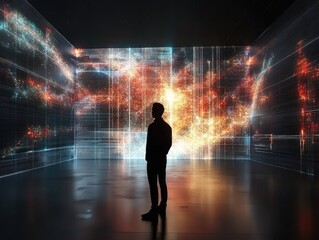 Silhouette Contemplating Immersive Digital Art Installation, Future Tech World