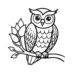 Cute Black and White Line Art Owl Perched on a Branch coloring page for kids. KDP