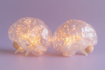 Conceptual Brain Illustration With Glowing Neural Pathways on a Gradient Purple Background Showcasing Contrasting Halves