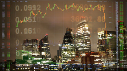 london skyline with computer code and data