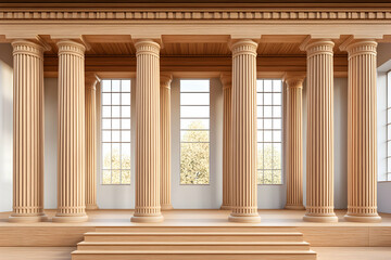 Obraz premium Elegant wooden columns in a grand hall, bathed in soft natural light streaming through large windows; architectural design; classical style.