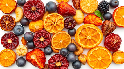 Mix of different dried fruits isolated on white background, top view, space for text. Generative AI