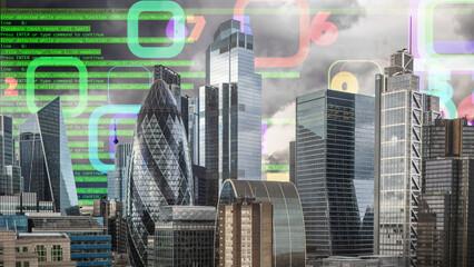 london skyline with computer code and data