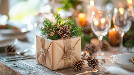 Elegant holiday table setting with gift box and festive decorations