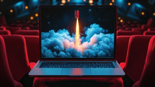 Abstract laptop movie theater with tocket launching off screen, Entrepreneurship concept. 3D Rendering