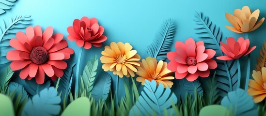 Paper flowers, blue backdrop, spring scene, greeting card