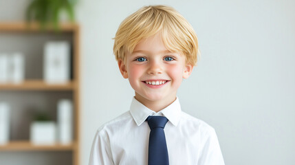 Young Boy in White Shirt and Navy Tie Smiling in Studio Setting
