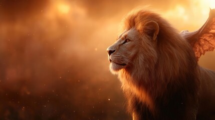Naklejka premium A regal lion with wings stands over a fiery horizon, exuding majesty and contemplation, embodying power and grace as vibrant colors dance in a dramatic sky beyond the landscape.