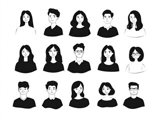 Diverse Collection of Doodle People Icons Black and White Vector Illustration