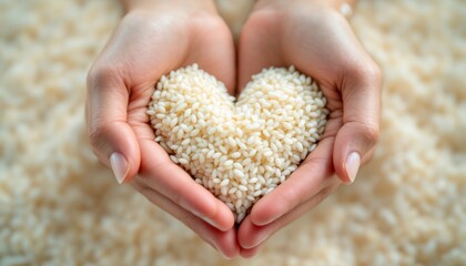 Rice grains held delicately, forming a loving heart shape in hands