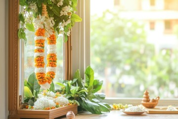 Colorful Ugadi Garland Adorns Wooden Frame in a Vibrant Festive Setting With Soft Natural Light