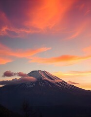 "Generate an image of Mount Fuji with an evening sky atmosphere. The sky should have a beautiful contrast of orange and red hues, creating a warm and serene scenery. The mountain's peak should be maje