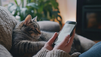 hand holding phone with cat curled up nearby, cozy atmosphere