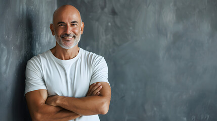Waist up portrait of mature bald man smiling at camera while standing with arms crossed and posing confidently leaning against wall, copy space
