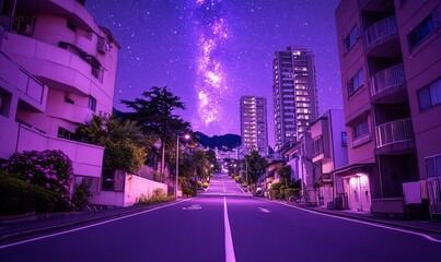 Fototapeta premium Empty urban street at night with starry sky and milky way