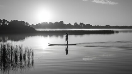 Naklejka premium Solitary figure paddleboards on calm, misty lake.