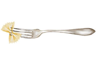 Pasta on a fork watercolor drawing. Hand drawn illustration of a metal fork with farfalle. Clip art food. Italian pasta on a white background. Ideal for recipe books, restaurant menu posters and flour